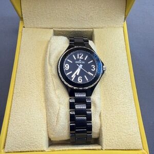 Invicta Womens Black Ceramic Style Watch Carbon Fiber Dial Link Bracelet Box Set